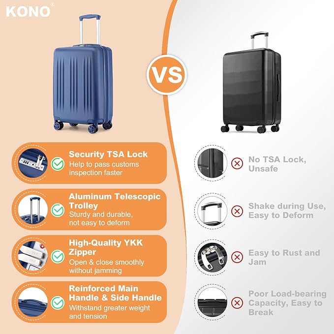 Kono Small 20 Inch Expandable Carry On Luggage with Quiet Spinner Wheels & TSA Lock, Scratch and Drop Resistant PC+ABS Hardside 22x14x9 Airline Approved Suitcase, Navy Blue