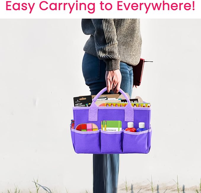 Godery Desktop Tote and Organizer, Teacher Helper caddy Bag for Arts, Books, Stationery, Office Desk Organization, Make-up Storage with Handles for Travel (PINK)