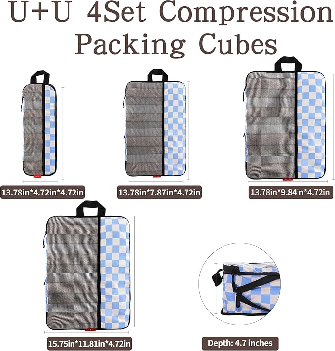 U+U 4 Set Compression Packing Cubes - Ultralight Travel Organizers, Space-Saving Suitcase Organizer, Expandable Packing Cubes for Travel, Business Trip and Family Vacation (Blue Checkered)