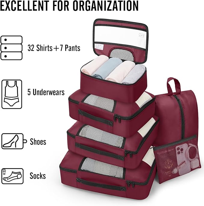 Veken 8 Set Packing Cubes for Travel Essentials, Gifts for women, Suitcase Organizer Bags in 4 Sizes, Carry-On Luggage Accessories with Large Laundry & Hanging Toiletry Bag, Must-Have for Airplane