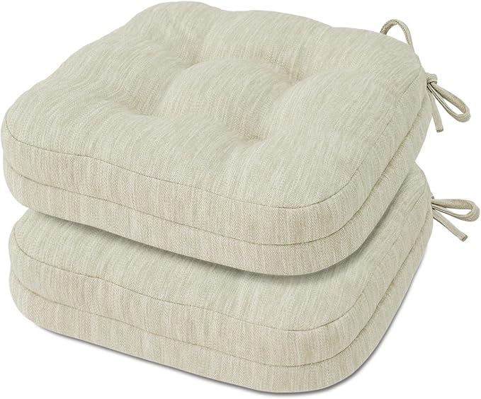 Shinnwa Kitchen Chair Cushions Set of 2, Dual-Layer Memory Foam Dining Chair Cushions, Patented Design Seat Pads with Ties, 16.5 x 16.5 x 3.5in, 2 Pack, Ivory