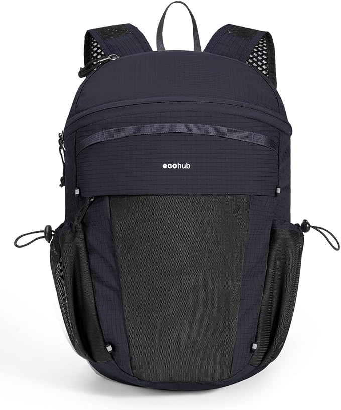 ECOHUB 15L Lightweight Casual Daypack, Packable Backpack for Daily Use, Hiking & Travel, Foldable Small Backpack with Stretch Mesh Pockets, Water-Resistant Nylon, Reflective Design
