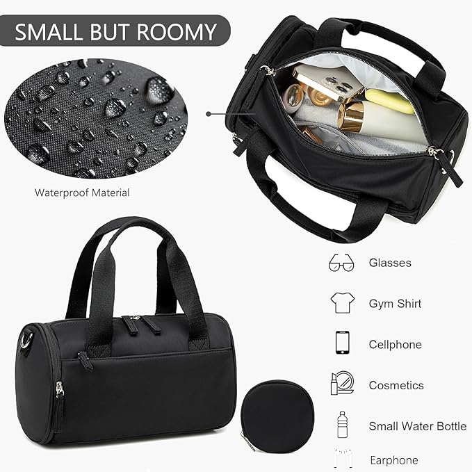 Mini Gym Bag for Women Girls Cute Small Duffle Bag 12'' with Multifunctional Pockets Workout Sport Bags Dance,Fitness,Yoga (Black)