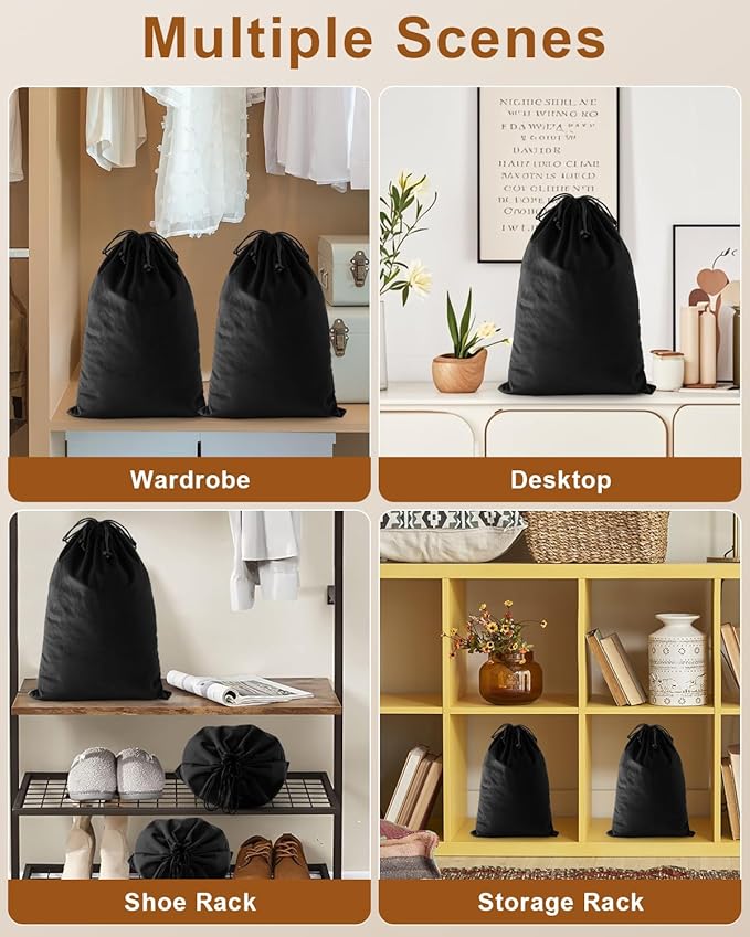 FantasyLife Shoe Bags for Travel, 17.3"x12.6" Washable Dust Bags for Storage & Packing, Flannel Shoe Pouch with Drawstring Closure for Purses, Handbags, Shoes & Toys (4, Black Beauty)