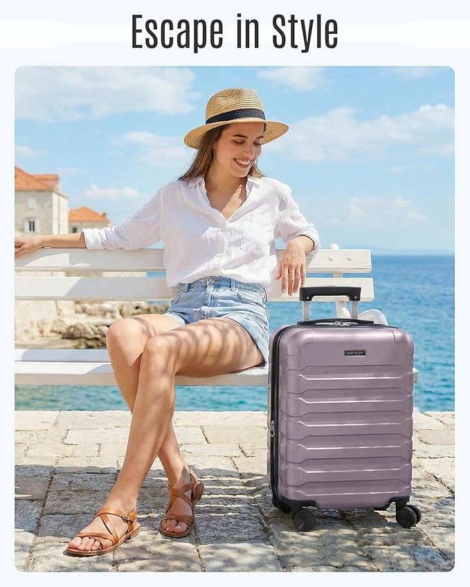 LIGHT FLIGHT Carry On Luggage 22x14x9 Airline Approved, Expandable Carry On Suitcases with Wheels, Lightweight Luggage, Durable Hard Shell 20 Inch Rolling Suit Case for Men Women Travel, Lilac Purple