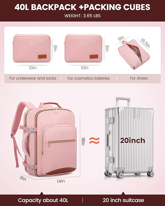 LOVEVOOK 40L Travel Backpack for Women Men,Waterproof Airline Approved Carry On Luggage Travel Essentials,TSA Carry On Backpack Personal Item Travel Bag Suitcase Weekender Traveling with Packing Cubes