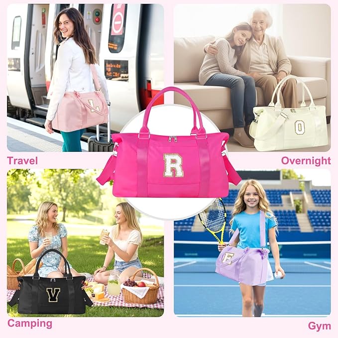 Dance Gym Duffel Bag for Teen Girls, Personalized Initial Travel Weekender Bag,Cute Overnight Carry On Duffle for Women,Sports Travel Cheer Bag,Monogram Christmas Gifts for Tween Preppy(rosered-R)