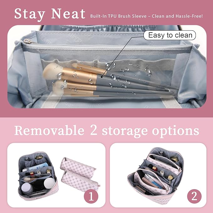 BOYATU Travel Makeup Bag Cosmetic Bags for Women: 3 Pcs Set Large Capacity Make up Bag with Handle - Vegan Leather Toiletry Bags with Compartments - Makeup Organizer for Travel Essentials(A-3-Pink)