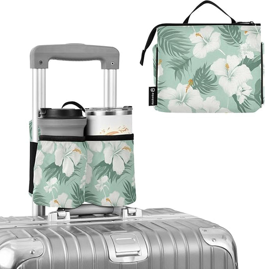 DOMIKING Hibiscus Flowers Leaves Tropical Travel Luggage Cup Holder for Suitcase Free Hands Drink Carriers with Storage Pockets for Coffee Mug Bottle