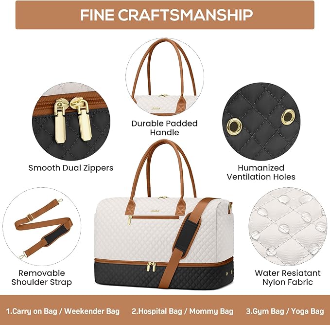 Travel Weekender Duffle Bags for Women - Duffel Bag with Shoe Compartment Carry On Overnight Bag with Toiletry Bag with Wet Pocket for Gym Hospital Bags for Labor and Delivery Black White Brown