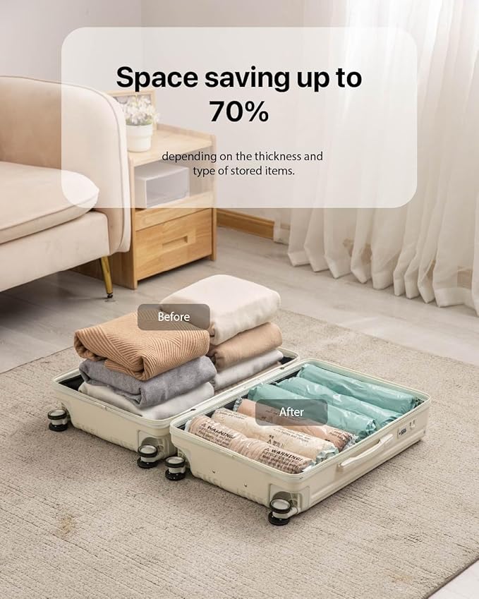 Vacuum Storage Bags for Clothing - NeatNest 6 Pack Roll-Up, 40×60cm (15.7"×23.6"), No Vacuum Needed, Compression Packing Bags for Clothes, Carry-On Luggage, Camping, and Travel