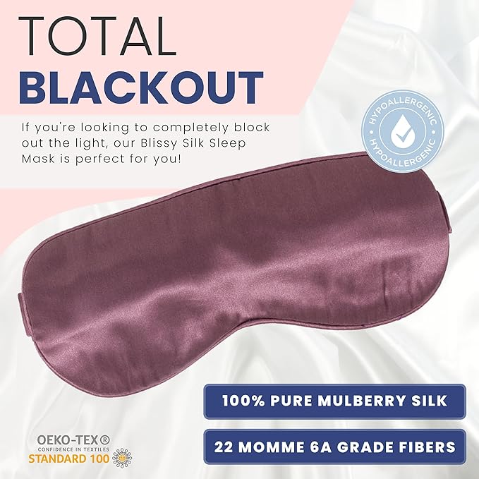 Blissy Silk Sleep Mask - Eye Sleeping Mask for Women & Men for Total Blackout - 100% Pure Mulberry Silk, 22 Momme 6a Fibers - Blindfold Sleep Mask Side Sleeper Eye Cover (Plum)