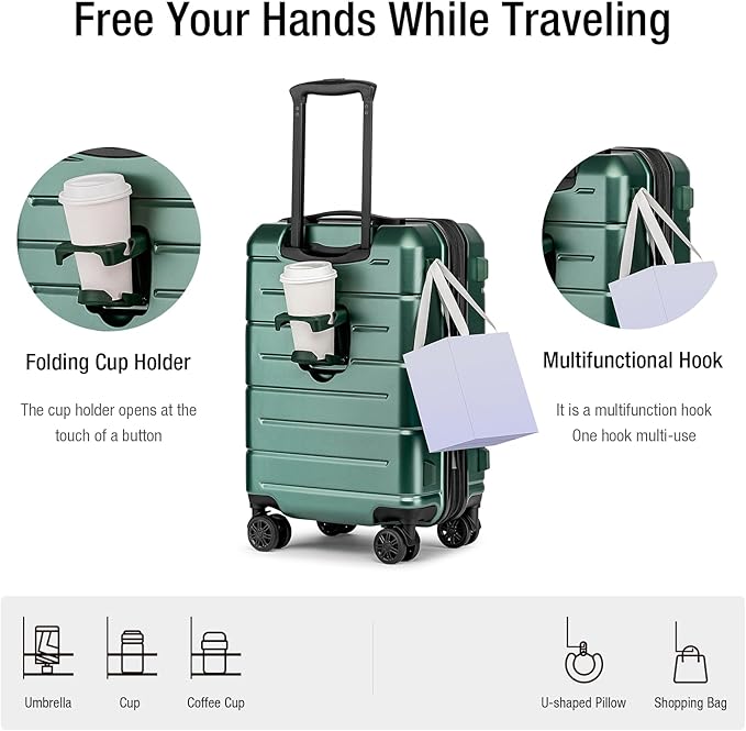 KYME Carry On Luggage 22x14x9 Airline Approved Expandable Hardshell 20 Inch Suitcase with TSA Lock Carry On Suitcase with Wheels Small Travel Rolling Luggage with Cup Holder for Men Women Green