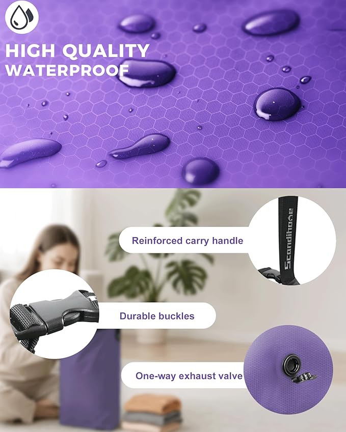 Travel Laundry Bag, Pump-free Vacuum Compression Dirty Clothes Bag, Large Reusable Waterproof & Washable Laundry Bag, Wet and Dry Bag, Ideal for Suitcases, Laundromats (1 Pack) Purple