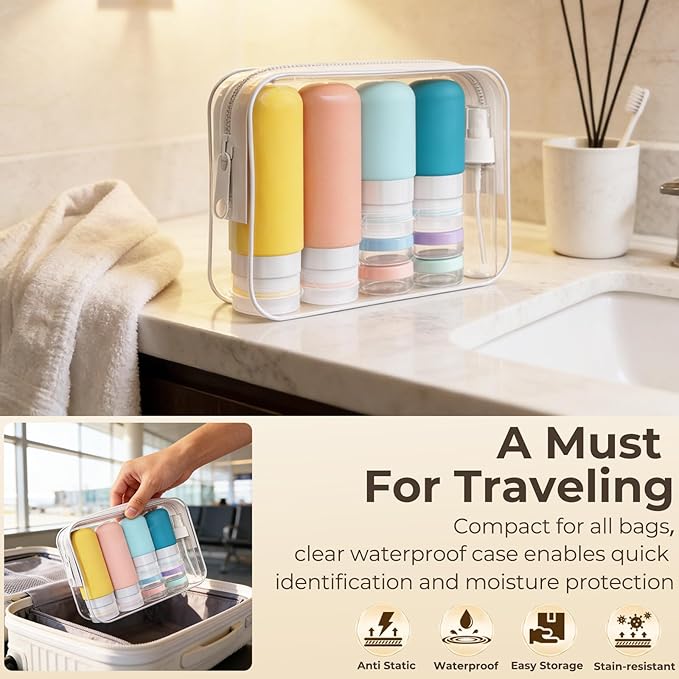17 Pack Dopamine Color Travel Bottles for Toiletries, TSA Approved Leak Proof Silicone Travel Containers for Toiletries with Label