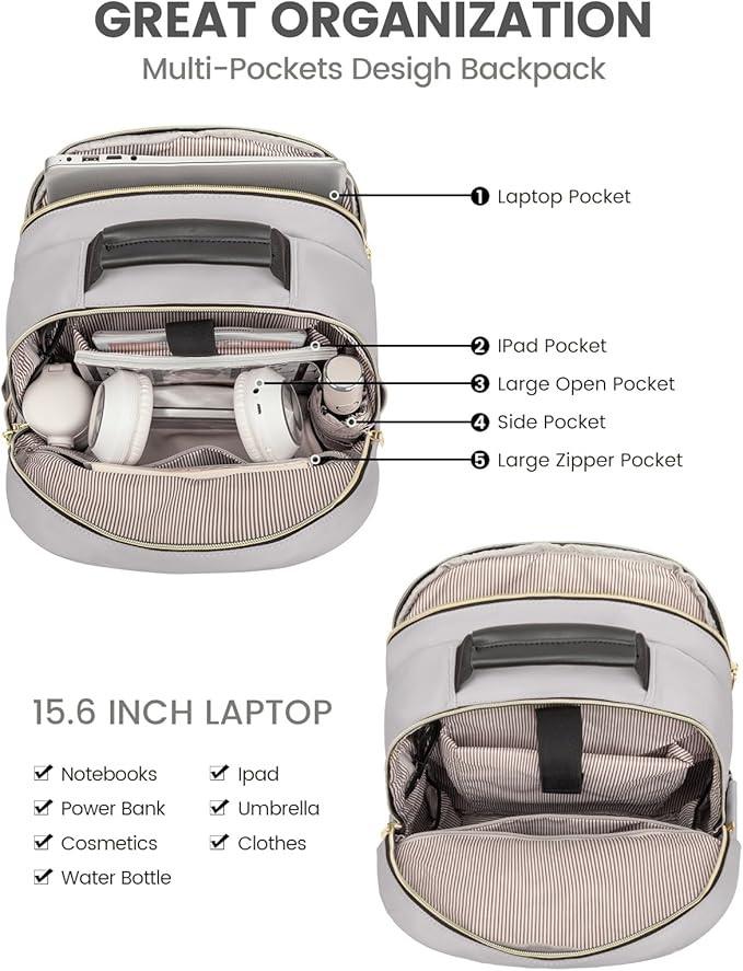 LOVEVOOK Laptop Backpack Purse for Women, Work Travel Computer Bags, College School Backpack for Student Girl, Quilted Casual Daypack with USB Port, Fit 15.6 Inch Laptop, Grey