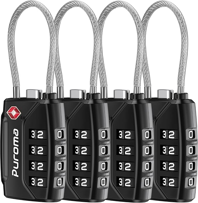 Puroma 4 Pack TSA Approved Luggage Locks, 4 Digit Combination Travel Cable Locks Resettable Code Lock with Zinc Alloy Body for Suitcase, Toolbox, Backpack, Bag, Gym Locker (Basic Black)