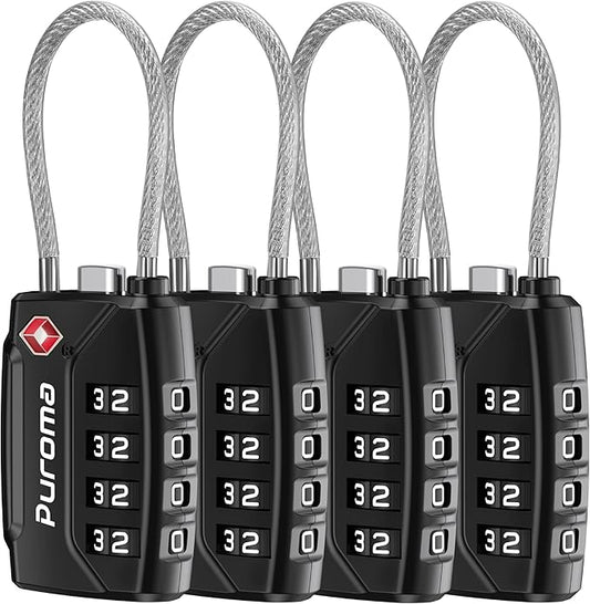Puroma 4 Pack TSA Approved Luggage Locks, 4 Digit Combination Travel Cable Locks Resettable Code Lock with Zinc Alloy Body for Suitcase, Toolbox, Backpack, Bag, Gym Locker (Basic Black)