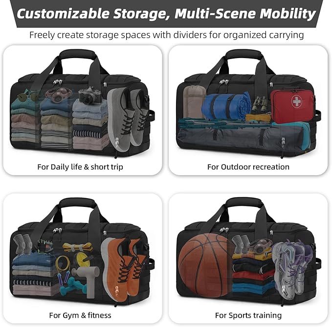 ZOMFELT Tactical Gym Bags for Men, 22x14x9 Carry On Luggage Duffle Bag for Travel, 3-in-1 Sports Basketball Soccer Bag with Removable Dividers & Shoe Compartment, Weekender Overnight Travel bag, Black