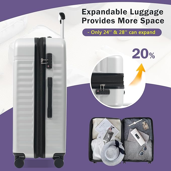 Merax Luggage Sets 2 Piece Front Opening, Hardside Lightweight Carry on Suitcase with USB Port,Durable Expandable Luggage with Bags Spinner Wheels and TSA Lock,White Grey
