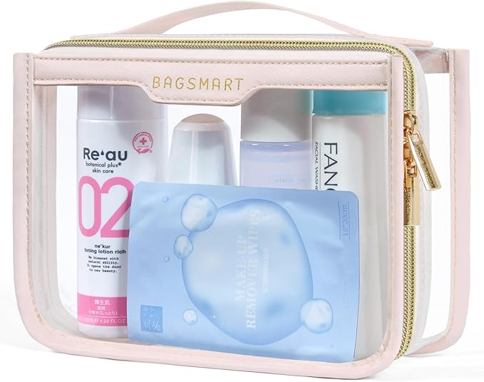 BAGSMART Clear Makeup Bag, TSA Approved Toiletry Bag, Makeup Cosmetic Pouch Bag for Women Quart Size Compliant Bag Organizer for Travel Essentials (Pink Pack of 1)