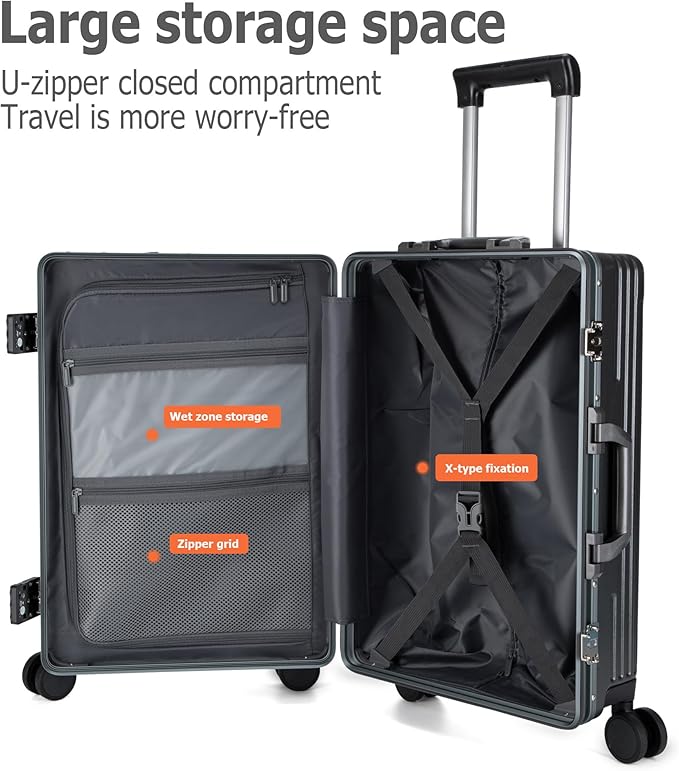 feilario Aluminium Frame PC Hard Shell Spinner Wheels Luggage,20.8"X15"X8.7 Airline Approved Built-In TSA lock Carry on Suitcase, with Cup Holder, USB Port, Phone Holder