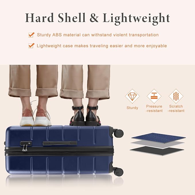 Sweetcrispy Carry on Suitcase Set, Luggage with Spinner Wheels, Hard Shell ABS, TSA Lock, Navy Blue, 3-PCS Set (20/24/28 inch)