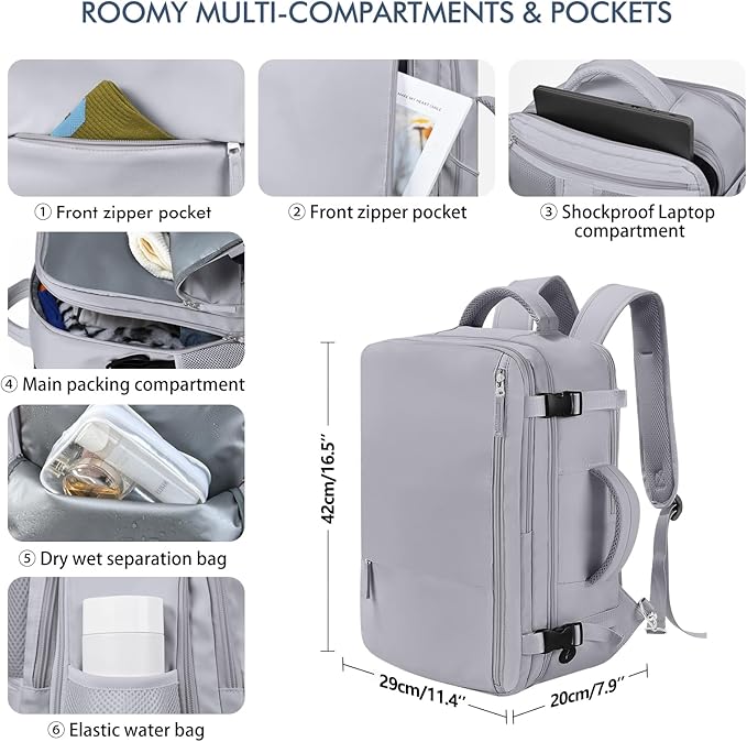 Beraliy Travel Backpack, Personal Item Bag Ailrline Approved, 17.3 Inch Laptop Backpack, Carry On Travel Bag, Hiking Backpack, Casual Backpack, Grey