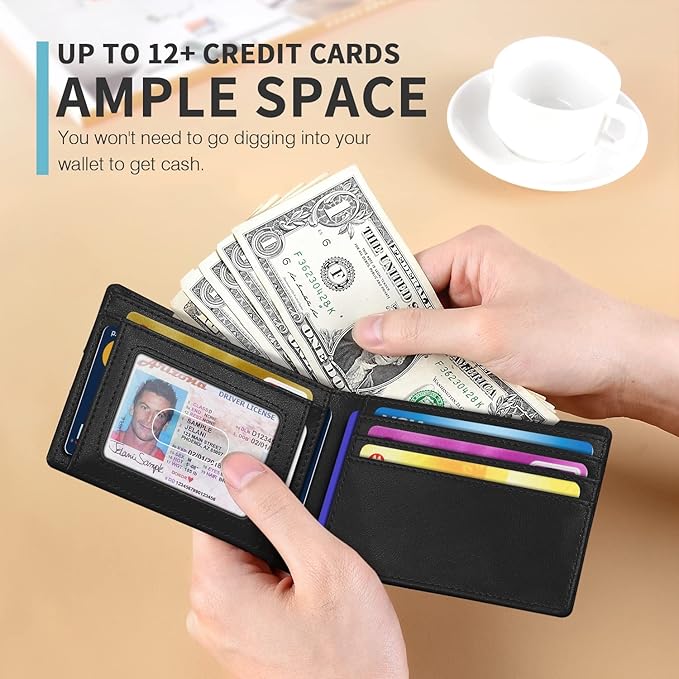 RUNBOX Wallet for Men Slim 11 Credit Card Holder Slots Leather RFID Blocking Small Thin Men's Wallet Bifold Minimalist Front Pocket Large Capacity Gift Box