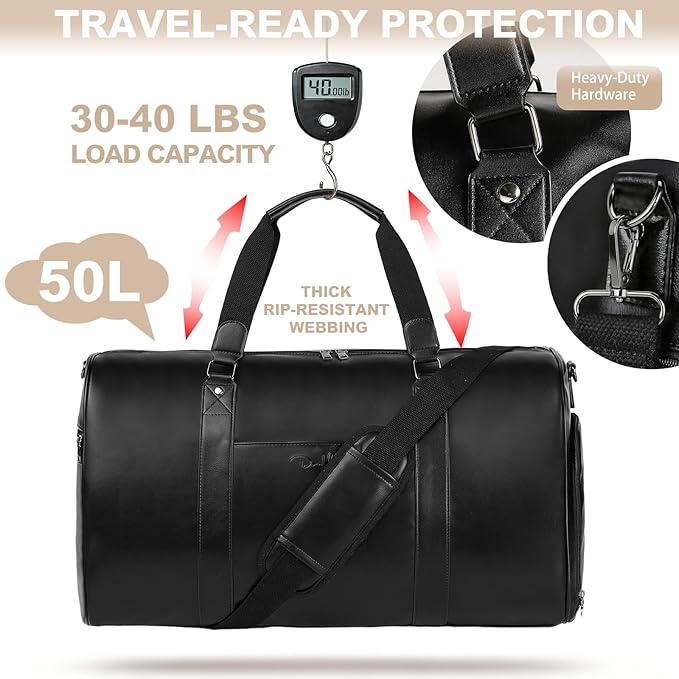 Large 3-in-1 Leather Duffle Bag for Travel Weekender Overnight Hospital Gym Bag for Men & Women, Carry On Airline Approved Personal Item Duffel Garment Bag Luggage with Shoe Compartment & Toiletry Bag