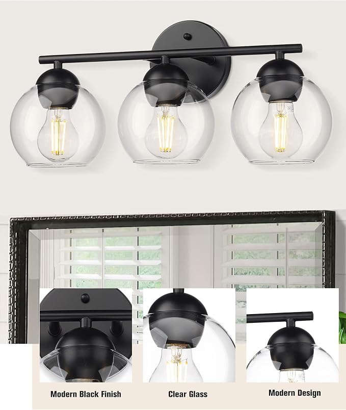 Emak 3-Light Vanity Lights for Bathroom, Black Light Fixtures Over Mirror, Globe Vanity Light with Clear Glass Shade, VL114-BKL-3