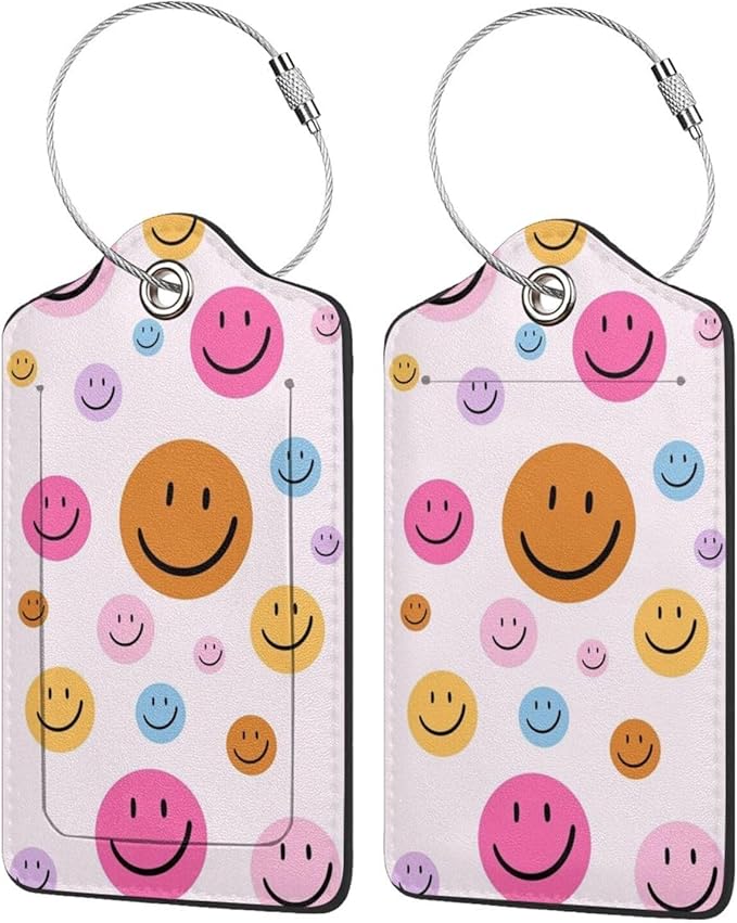 2P Pink Smiley Luggage Tags Privacy Cover ID Label with Stainless Steel Loop and Address Card for Travel Bag Suitcase Funny Cute Man Women Kids
