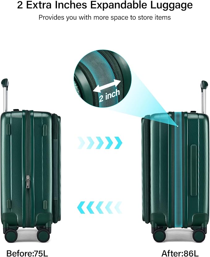 Hanke 24 Inch Expandable Luggage Top Opening Checked Bag Luggage Hard Shell Suitcases with Wheels Lightweight Travel Luggage Medium Suitcase with Lock for Woman Men-Blackish Green