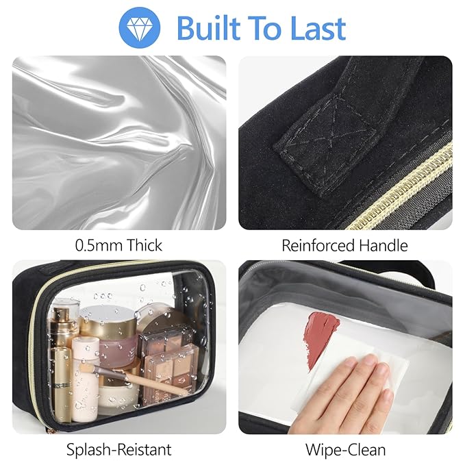 PACKISM Clear Makeup Bag Combo Pack, 1 TSA Approved Medium & Large for Checked Luggage, Clear Toiletry Bag with Handle, Water-resistant Travel Essentials Organizer, Black