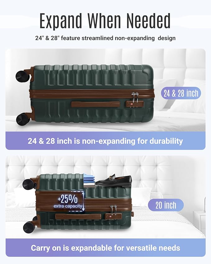 LIGHT FLIGHT Luggage Sets, 3 Piece Durable Suitcase Set with Spinner Wheels, 3 Pcs Hard Shell Lightweight Luggage with TSA Lock, Large Checked Travel Suitcases, 20/24/28 Inch,Green/Brown