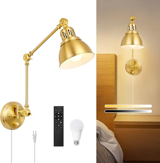 1 Pack Plug in Wall Sconce with Remote, Dimmable, Adjustable Colors, Swing Arm Wall Lamp, Plug in Wall Light with Timer & Night Light (Gold, with Bulb+Remote)