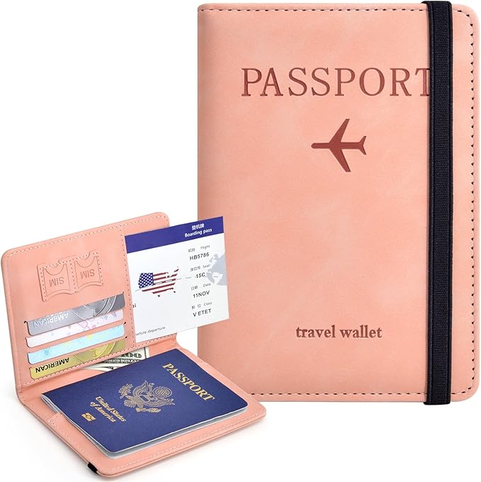Passport Holder, Passport Cover with Credit Card Slot and Boarding Pass Slot Combo, Passport Wallet Case Book Travel Must Have, RFID Blocking Leather Travel Accessories, Pink