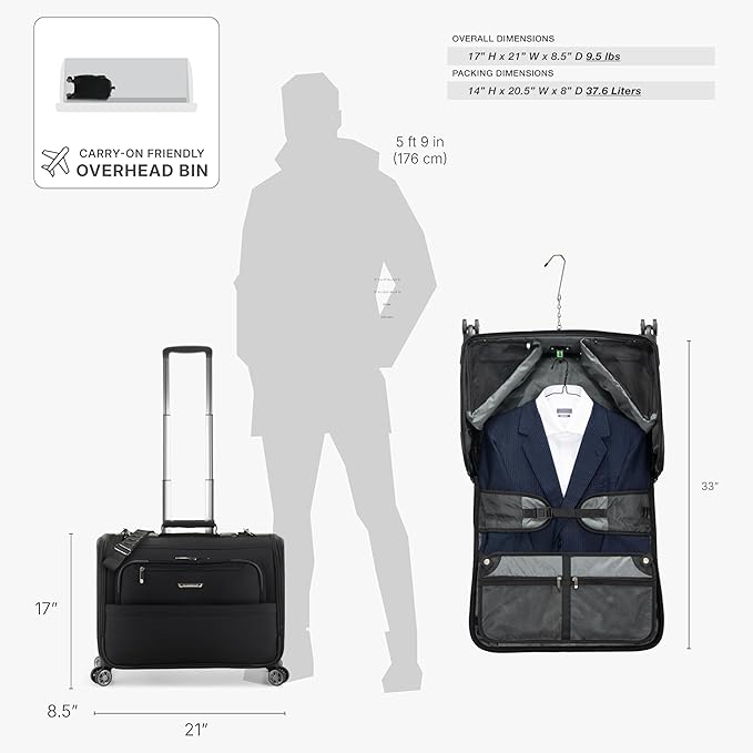 Traveler's Choice Carry-On Softside 8-Wheeled Spinner Garment Bag Luggage, Black, 21-Inch