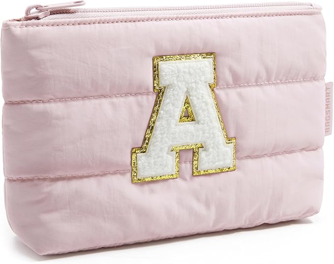 BAGSMART Personalized Makeup Bag with Initial, Pink Small Cosmetic Travel Organizer, Water-Resistant Pouch for Women & Teens for Bridesmaid Graduation (Initial-A, Small)
