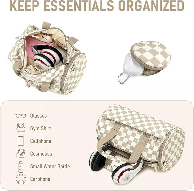 Mini Gym Bag for Women Girls Cute Small Duffle Bag 12'' with Multifunctional Pockets Workout Sport Bags Dance,Fitness,Yoga (Brown-white checkered)