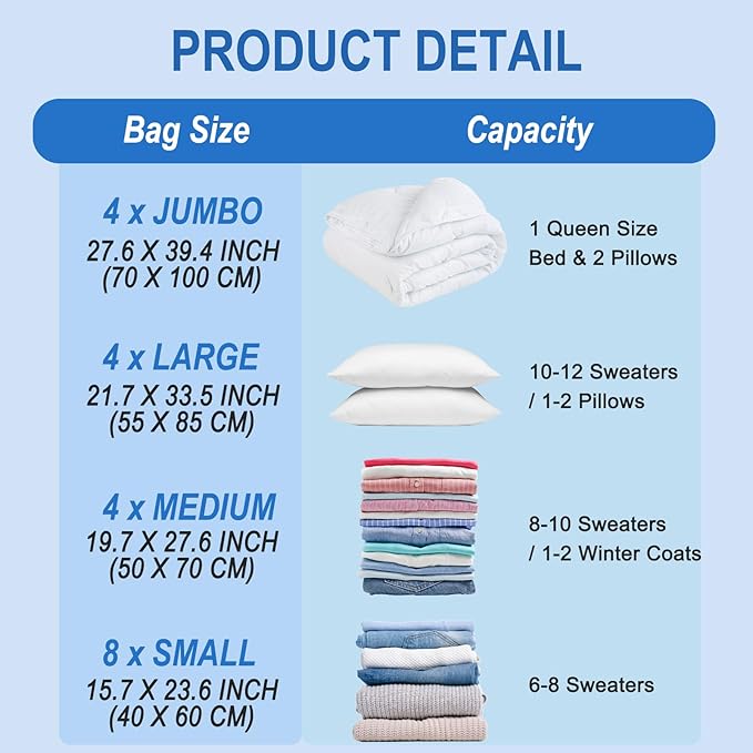 Vacuum Storage Bags with Hand Pump, Plastic Packaging Bags, 80% Space Saver Vacuum Seal Bags for Clothing, Travel Lugggage, Blankets, Comforters, 20 Combo