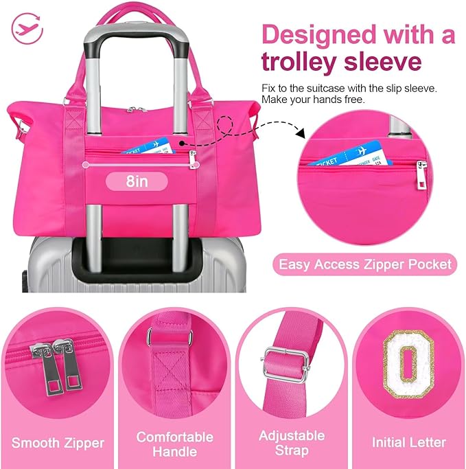 Dance Gym Duffel Bag for Teen Girls, Personalized Initial Travel Weekender Bag,Cute Overnight Carry On Duffle for Women,Sports Travel Cheer Bag,Monogram Christmas Gifts for Tween Preppy(rosered-O)