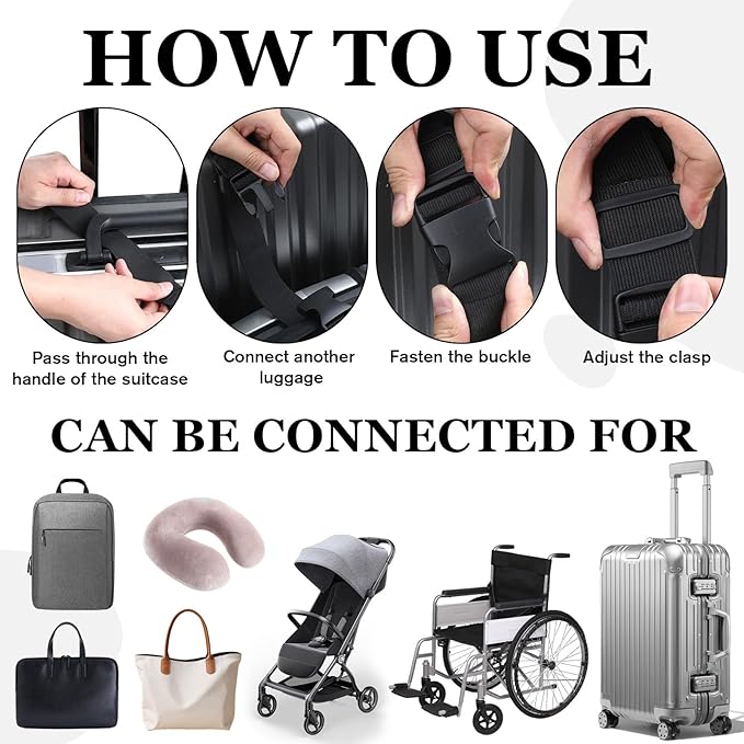 4 Pcs Add a Bag Luggage Straps Adjustable Suitcase Strap Belt Connector Travel Packing Accessories Attachment for Connecting Two Packages Suitcases Together (Black)