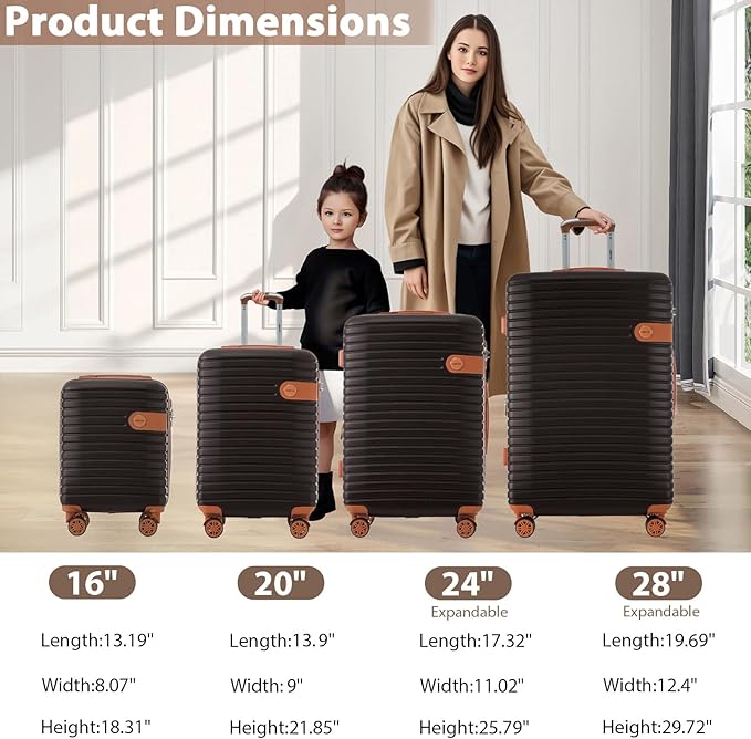 Merax Hardshell Luggage Sets 4 piece Lightweight Suitcases With Wheels TSA Lock Expandable (only 24”/28”) ABS Large Luggage set (Coffee Bean color)