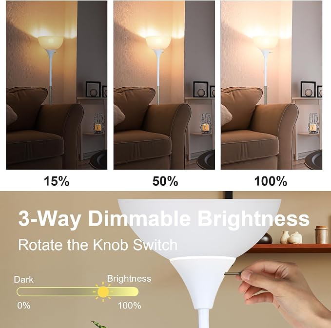 LALISU Floor Lamp, LED Standing Lamp 3 Way Dimmable Brightness Floor Lamp Rotary Switch Floor Lamps Modern Industrial Lamp with Shade, Tall Lamps for Living Room Bedroom Office Dining Room (White)