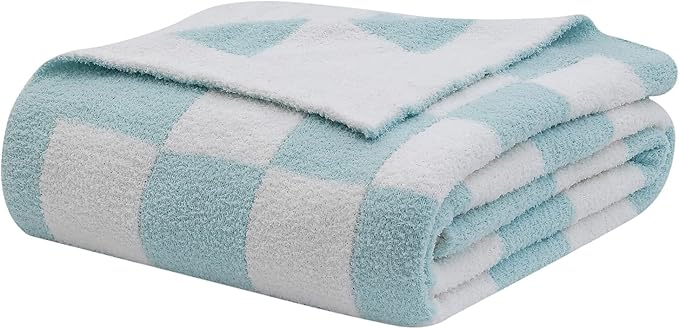bearberry Fuzzy Checkerboard Grid Throw Blanket Knitted Soft Cozy Warm Microfiber Blanket Decor for Couch Sofa Bed Travel Home (Baby Blue, 40''x50'')