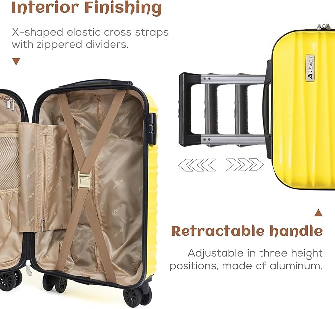 Luggage Set 3 Piece Luggage Set ABS hardshell Spinner Wheels Luggage Carry on Suitcase with Weekender bag & Toiletry bag(Yellow)