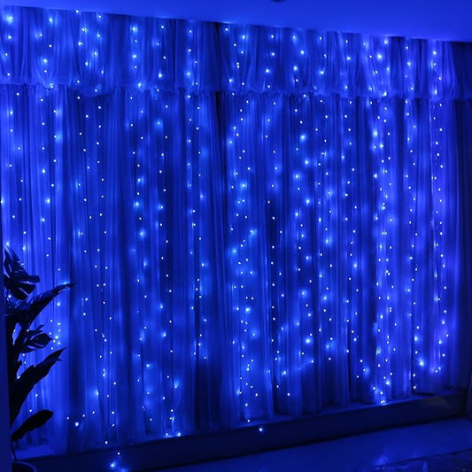 HXWEIYE 300LED Fairy Curtain Lights, 9.8x9.8Ft USB, Remote, 8 Modes & Timer | Dimmable, Christmas String Hanging Lights for Bedroom, Wedding Backdrop and Indoor Wall Decor, Blue