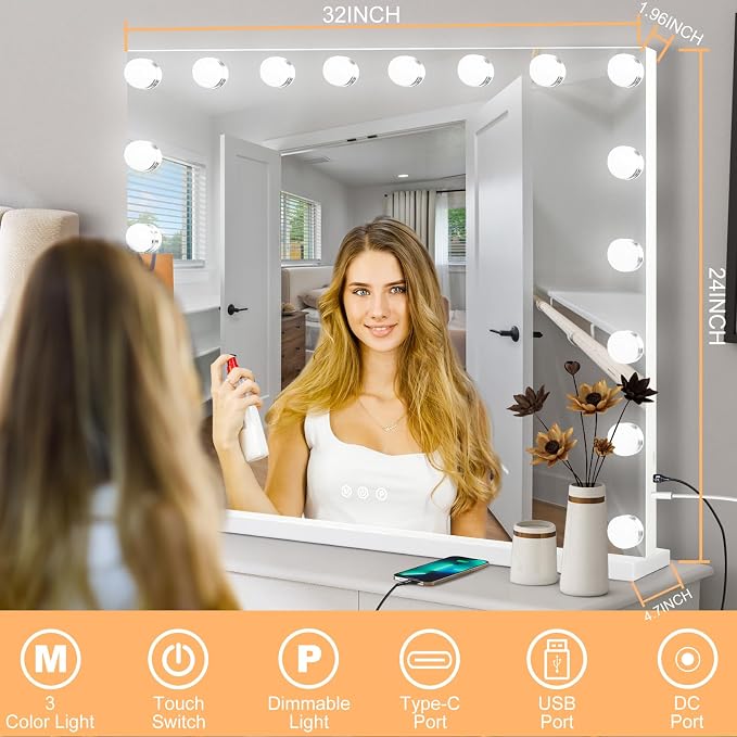 Moonee Vanity Mirror with Lights, Hollywood Lighted Makeup Mirror with 18 Dimmable Bulbs and 10X Magnification, 3 Colors Modes, Light Up Mirror, Gifts for Women, Girls,Dorm Room Essentials（32" x 24"）