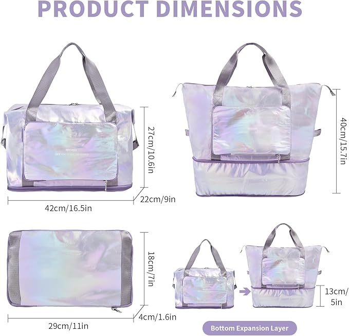 IwIeIaIrI Weekender Overnight Bags for Women Men,Waterproof Lightweight Foldable Gym Duffel Dance Bag for Girls Kids Women Weekend Travel with Laser Color (Purple)
